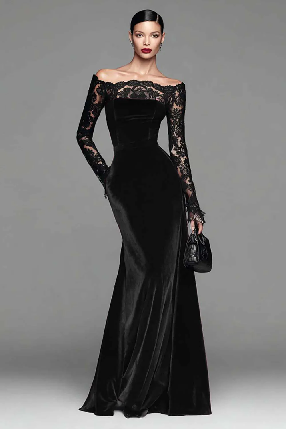 Burgundy Velvet Mermaid Long Sleeve Evening Dress with Lace - Image 5