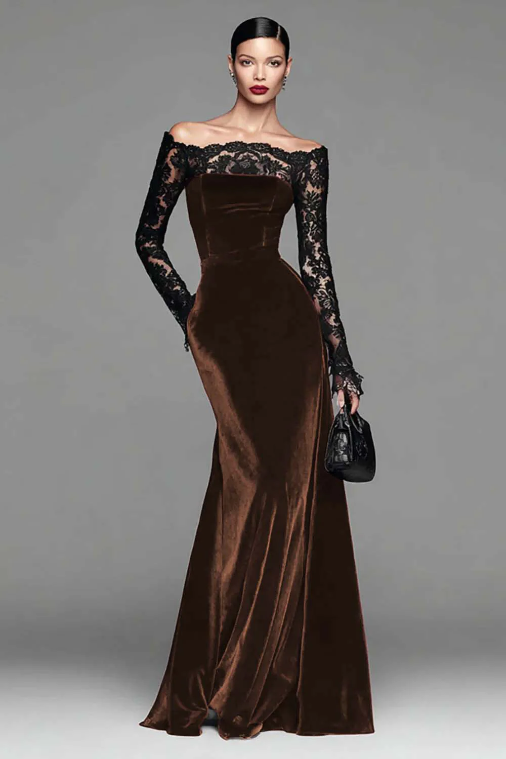 Burgundy Velvet Mermaid Long Sleeve Evening Dress with Lace - Image 6