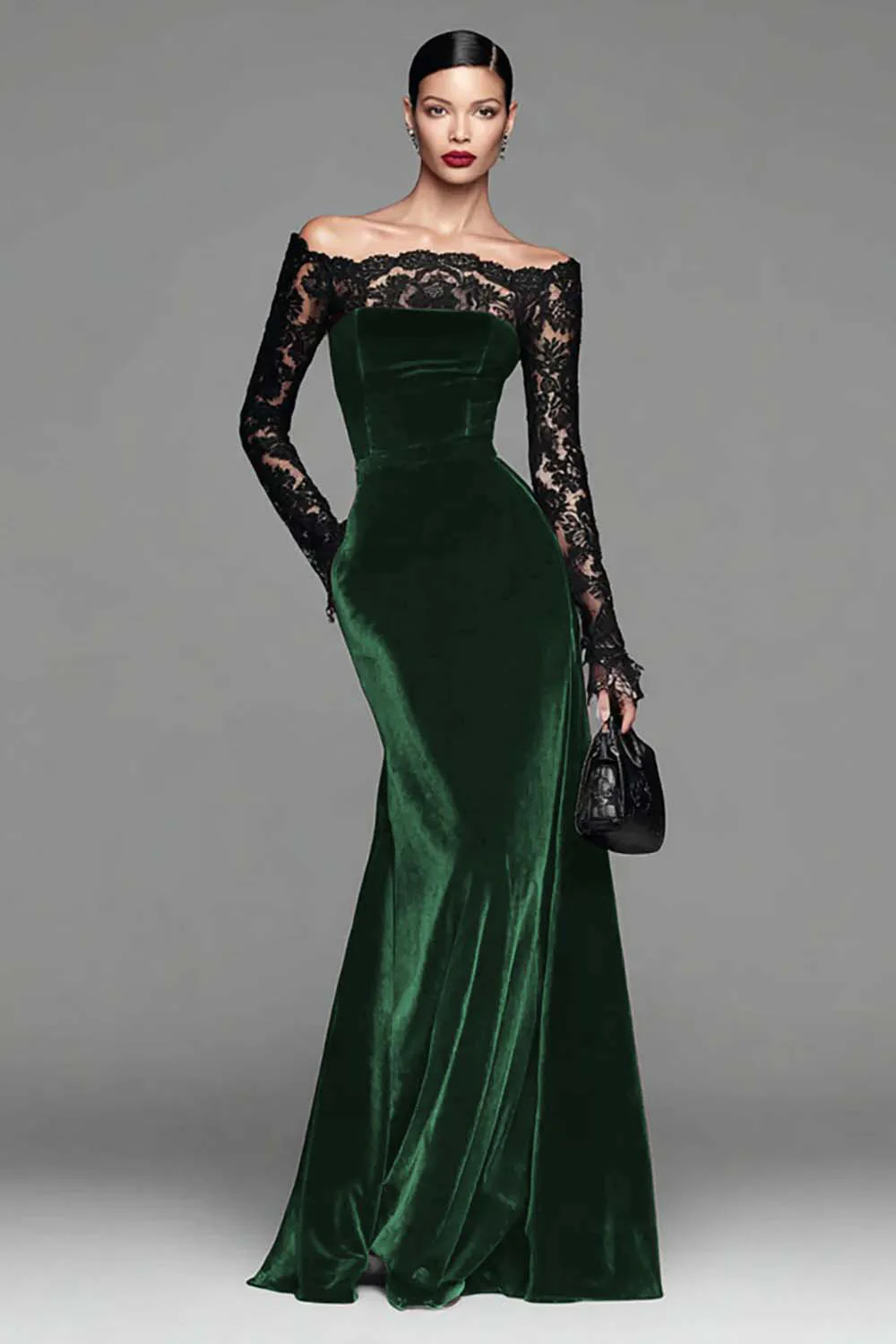 Burgundy Velvet Mermaid Long Sleeve Evening Dress with Lace - Image 7