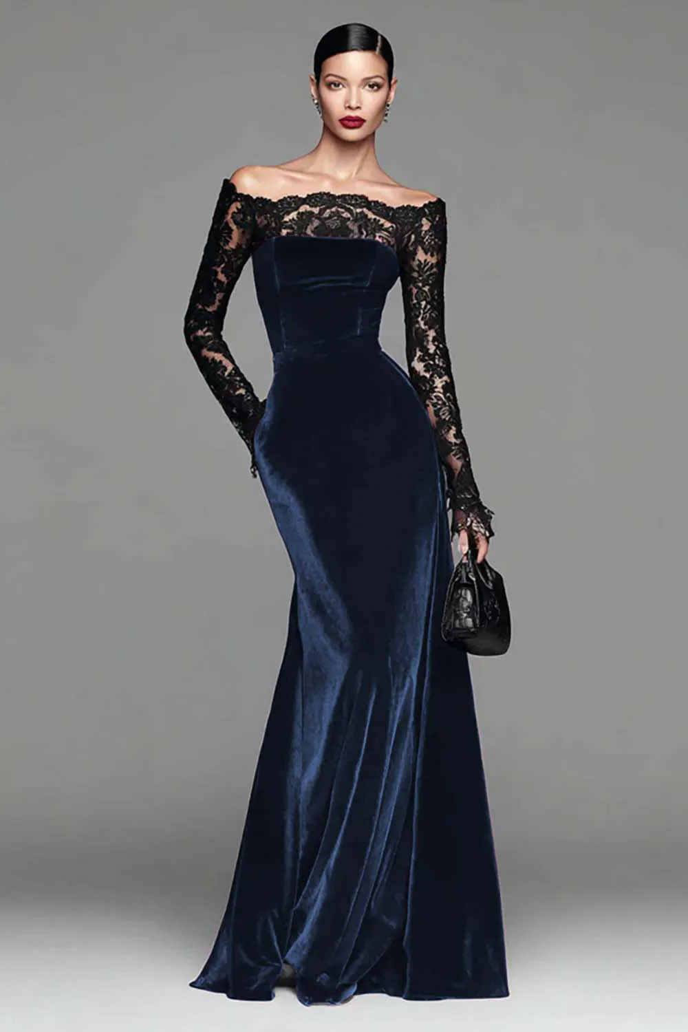 Burgundy Velvet Mermaid Long Sleeve Evening Dress with Lace - Image 8