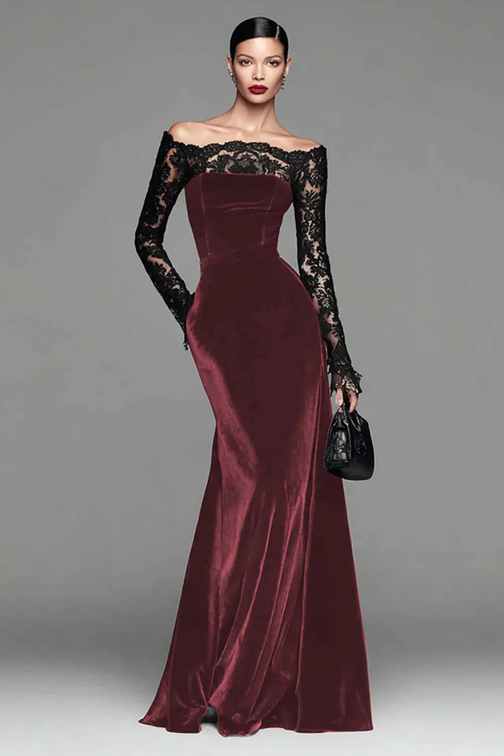 Burgundy Velvet Mermaid Long Sleeve Evening Dress with Lace - Image 9