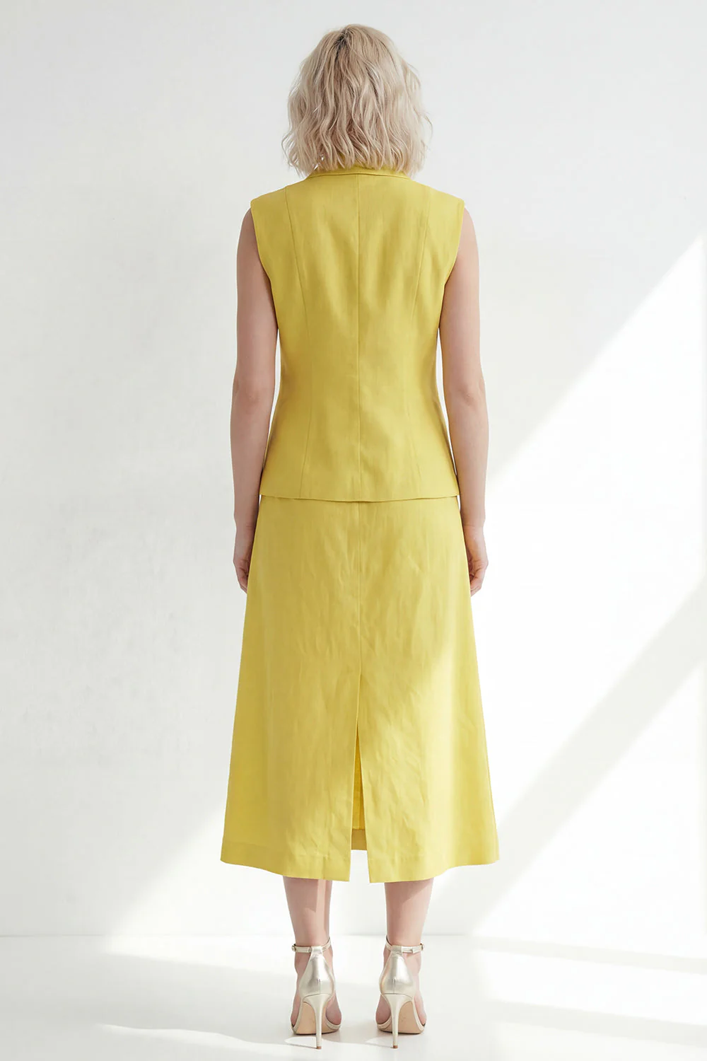 Butter Yellow Notched Lapel One Button Slim Fit Midi Work Dress with Slit - Image 2