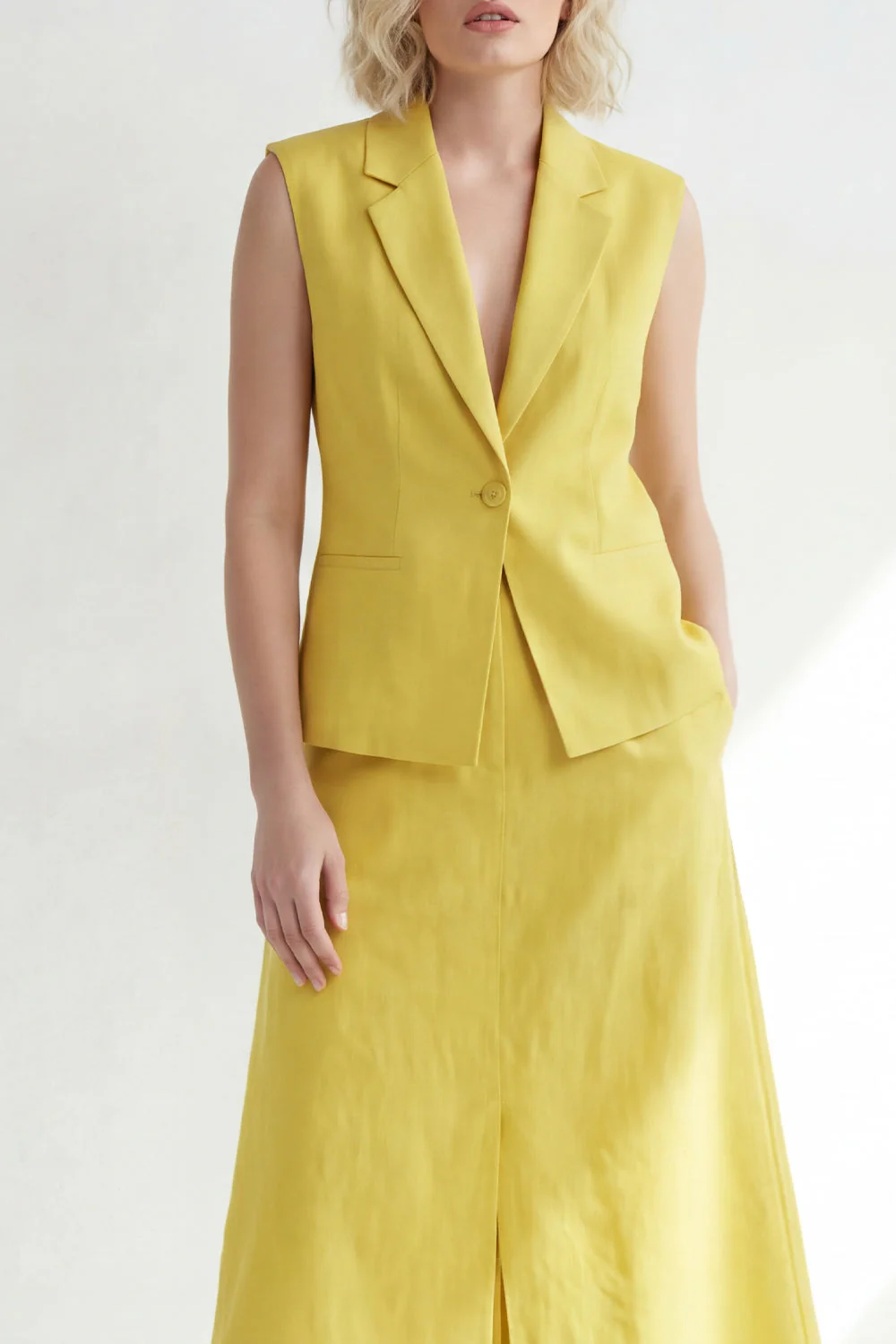 Butter Yellow Notched Lapel One Button Slim Fit Midi Work Dress with Slit - Image 3
