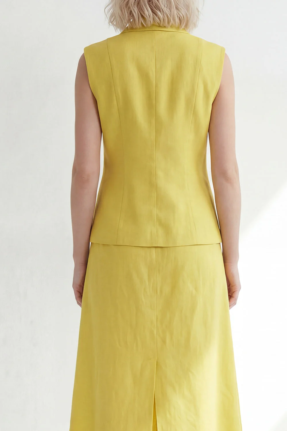 Butter Yellow Notched Lapel One Button Slim Fit Midi Work Dress with Slit - Image 4
