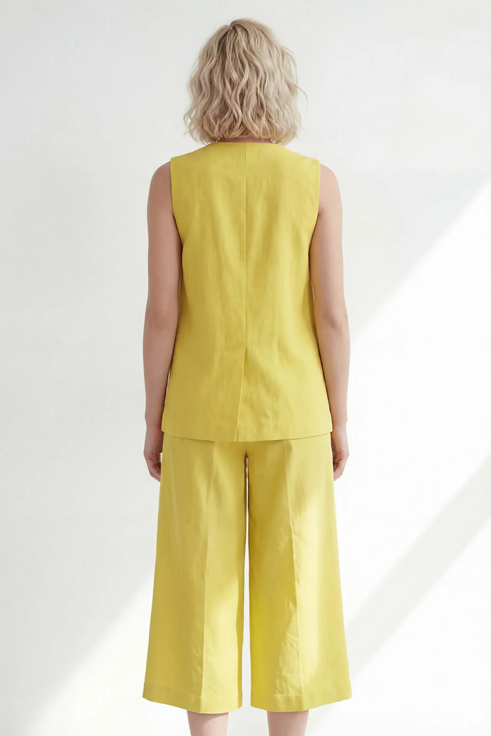 Butter Yellow V-Neck One Button Midi Leisure Sleevelsss Women Suit - Image 2
