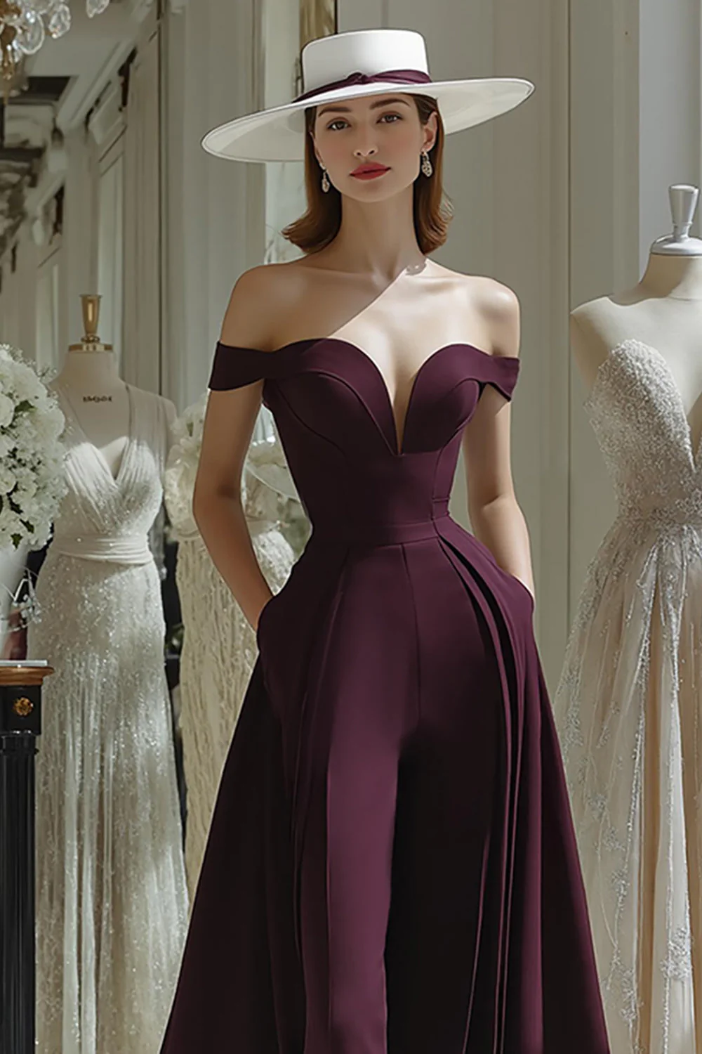 Cabernet A Line Off the Shoulder Long Satin Mother Of The Bride Dress - Image 3