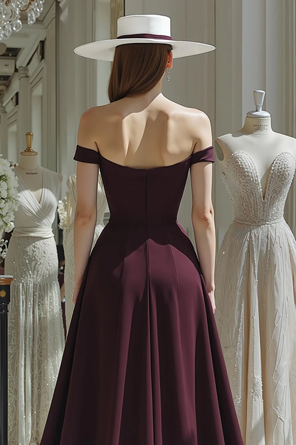 Cabernet A Line Off the Shoulder Long Satin Mother Of The Bride Dress - Image 4