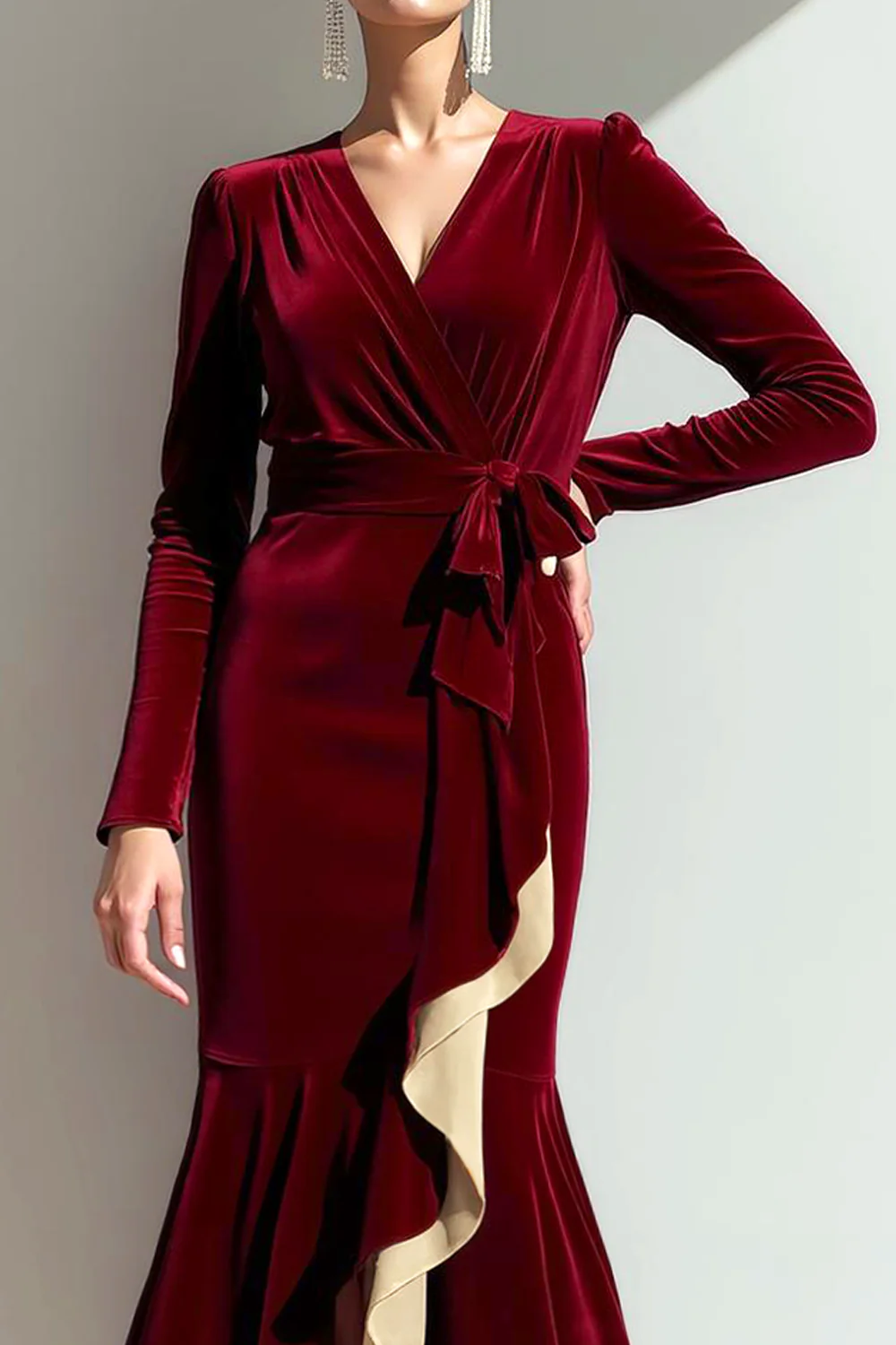 Cabernet Mermaid Ruffled Velvet Long Sleeve Holiday Party Dress - Image 2