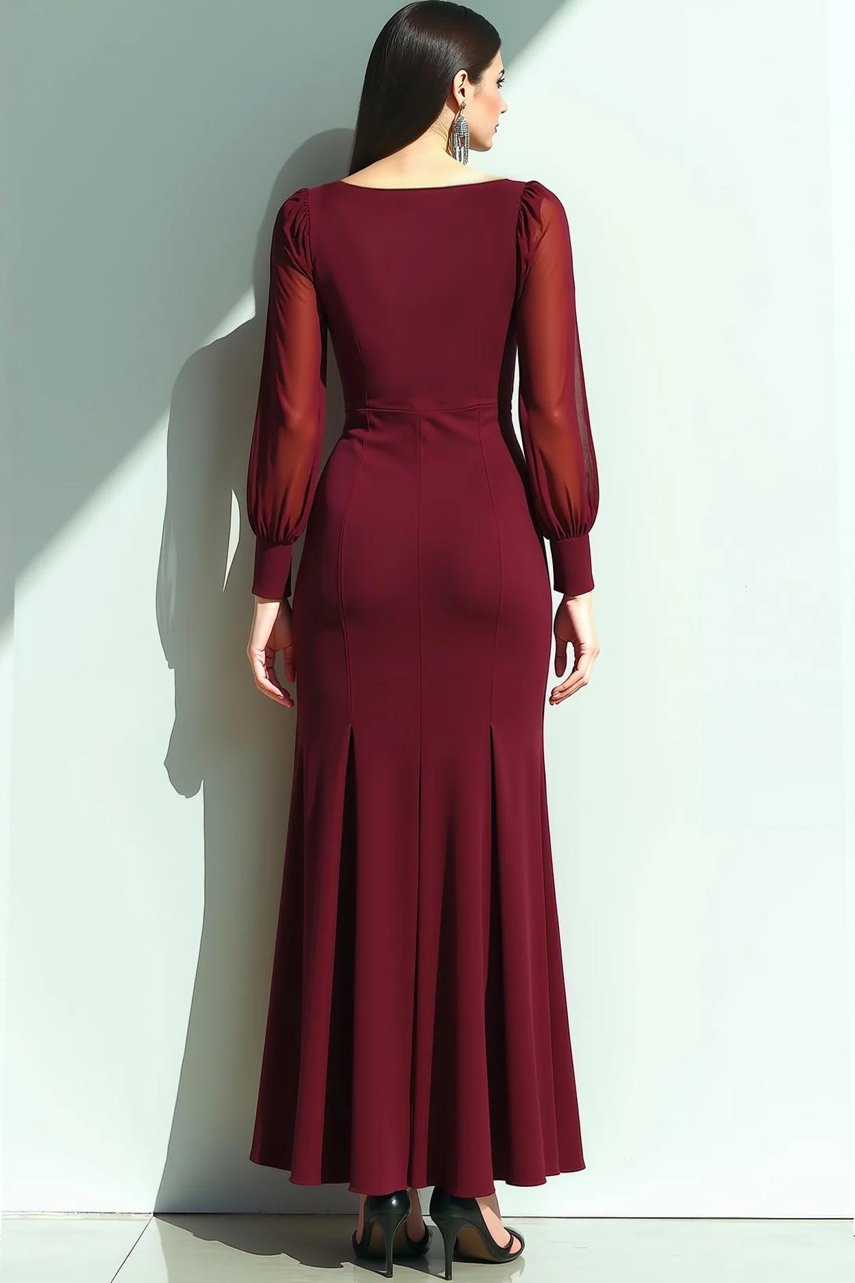 Cabernet Mermaid Square Neck Long Sleeves Evening Dress with Slit - Image 2