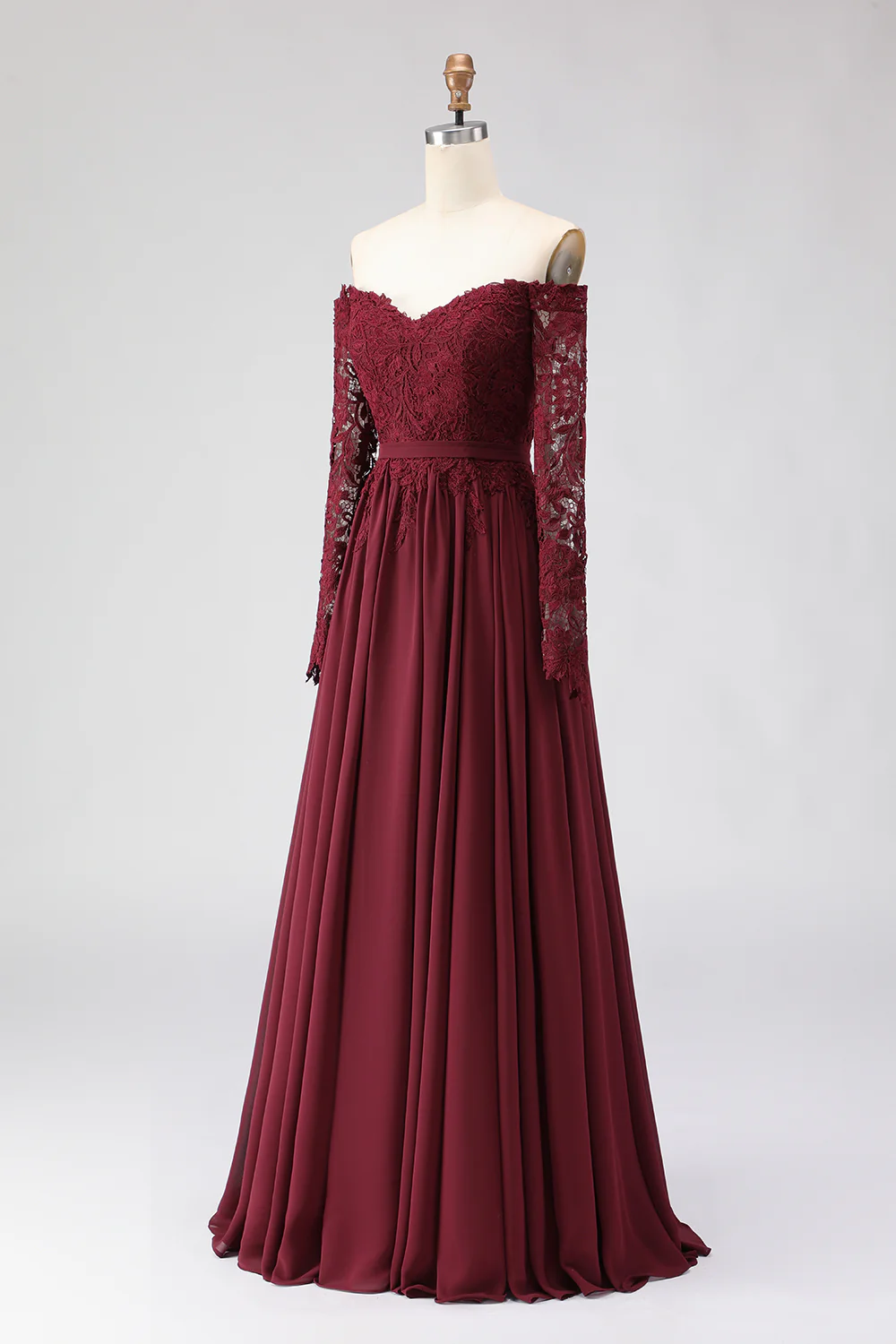 Cabernet Off the Shoulder A Line Lace Mother of the Bride Dress with Long Sleeves - Image 3