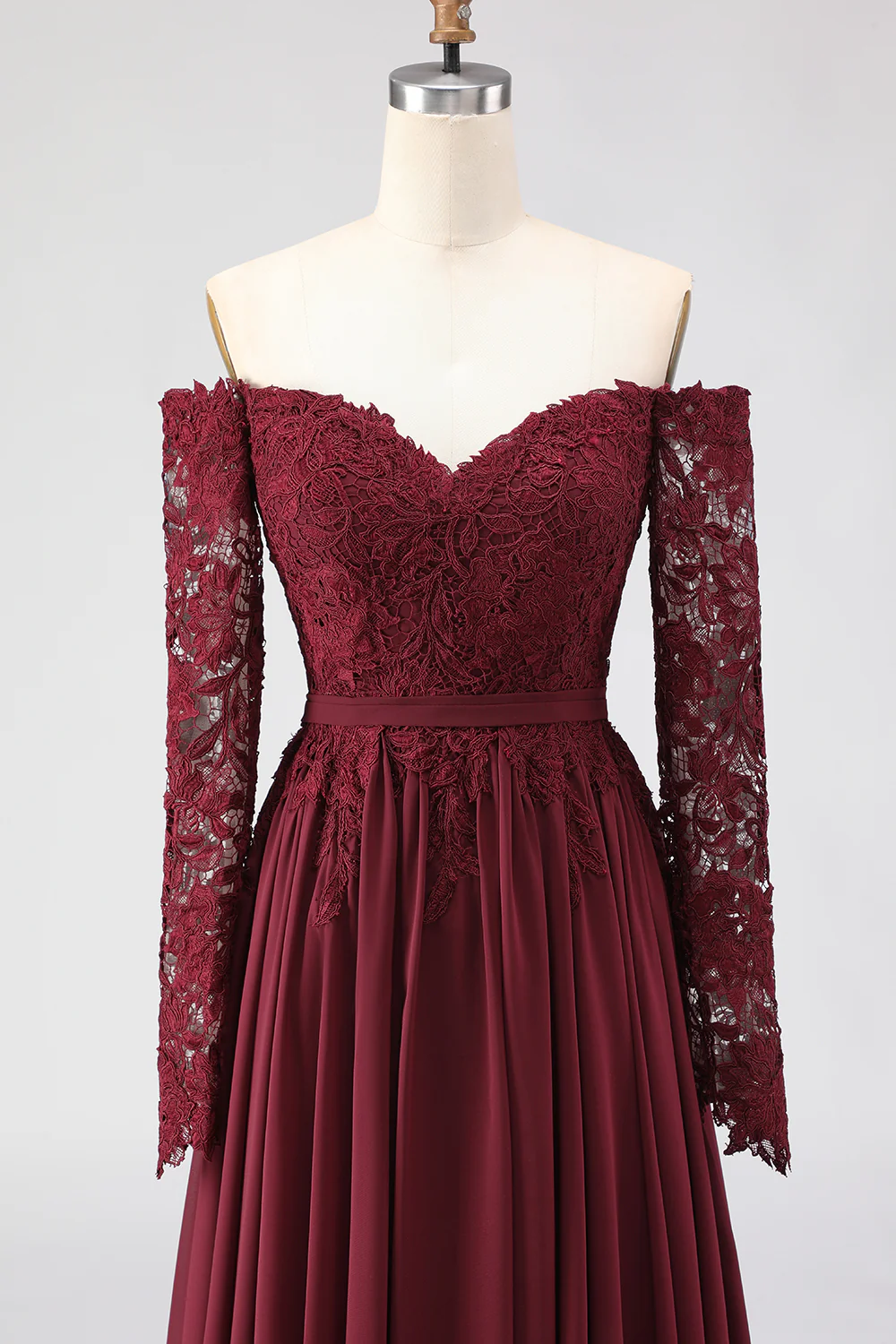 Cabernet Off the Shoulder A Line Lace Mother of the Bride Dress with Long Sleeves - Image 4