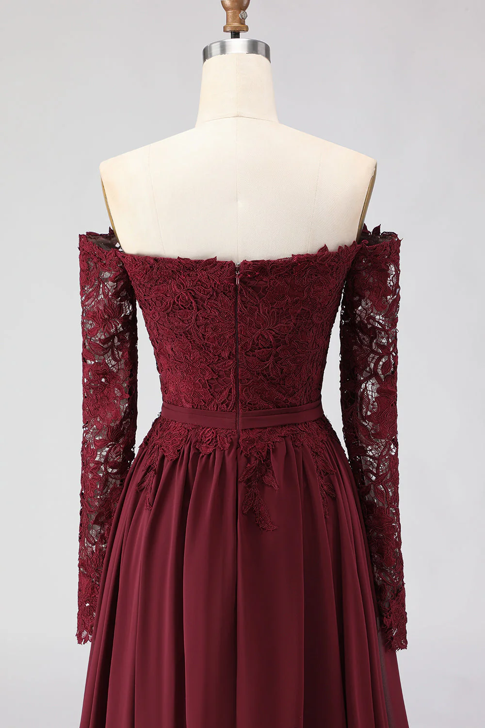 Cabernet Off the Shoulder A Line Lace Mother of the Bride Dress with Long Sleeves - Image 5