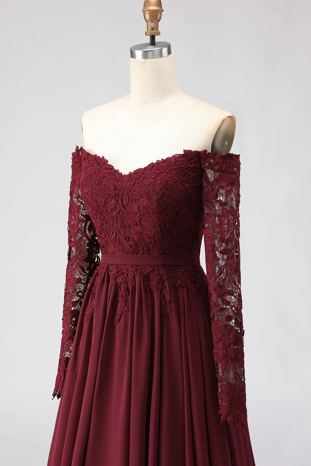 Cabernet Off the Shoulder A Line Lace Mother of the Bride Dress with Long Sleeves - Image 6
