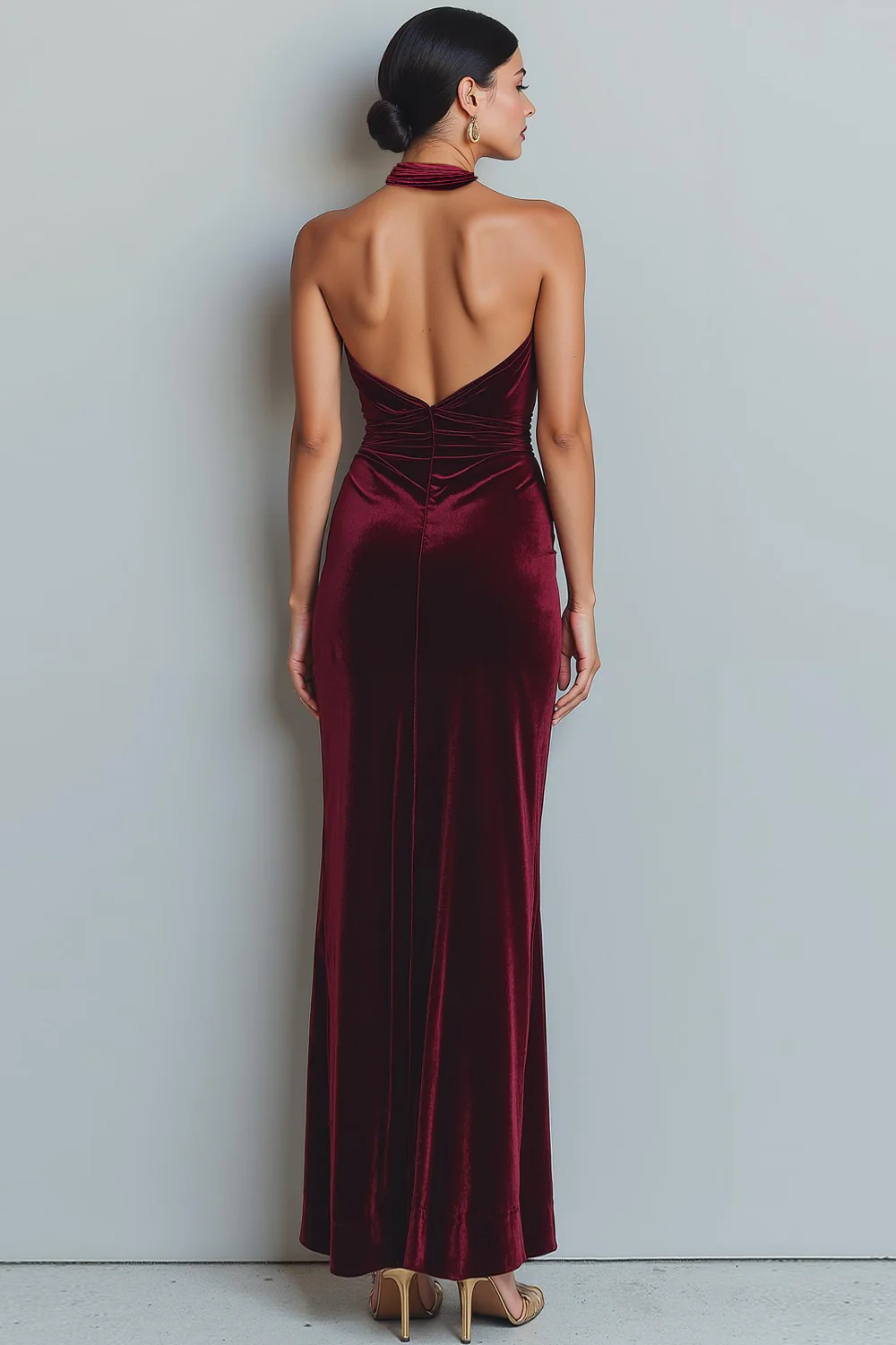 Cabernet Velvet Mermaid Halter Long Evening Dress - Image 2