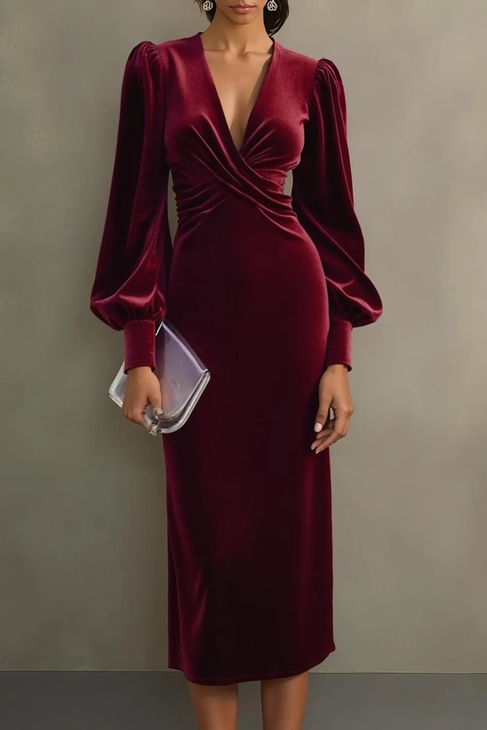 Cabernet Velvet Sheath Long Sleeve Midi Formal Dress - Image 3