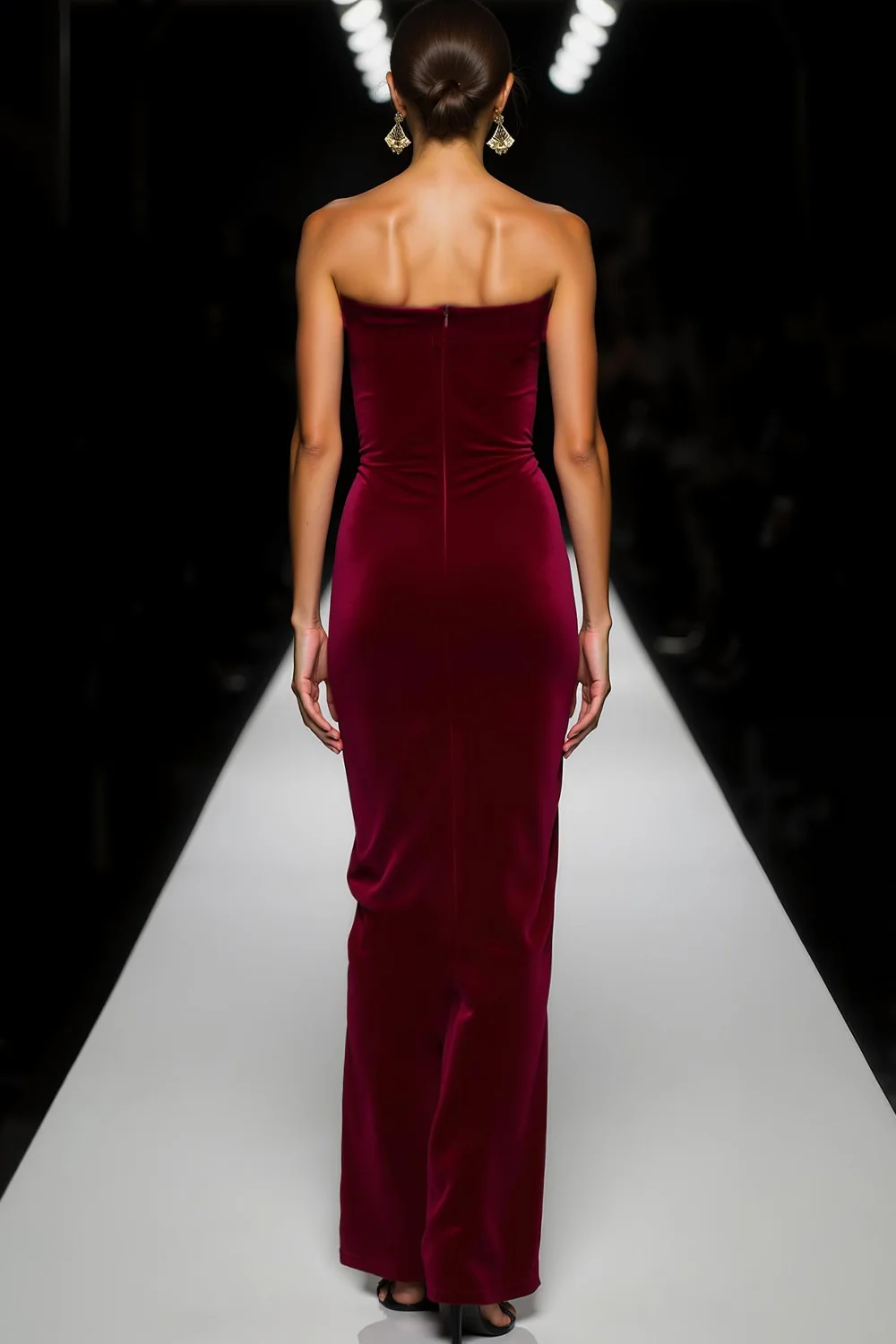 Cabernet Velvet Strapless Long Holiday Party Dress with Bow - Image 2