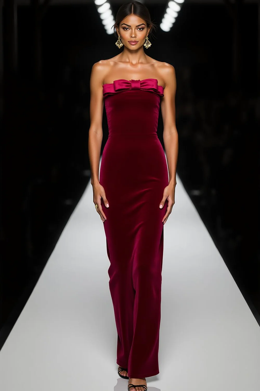 Cabernet Velvet Strapless Long Holiday Party Dress with Bow - Image 3