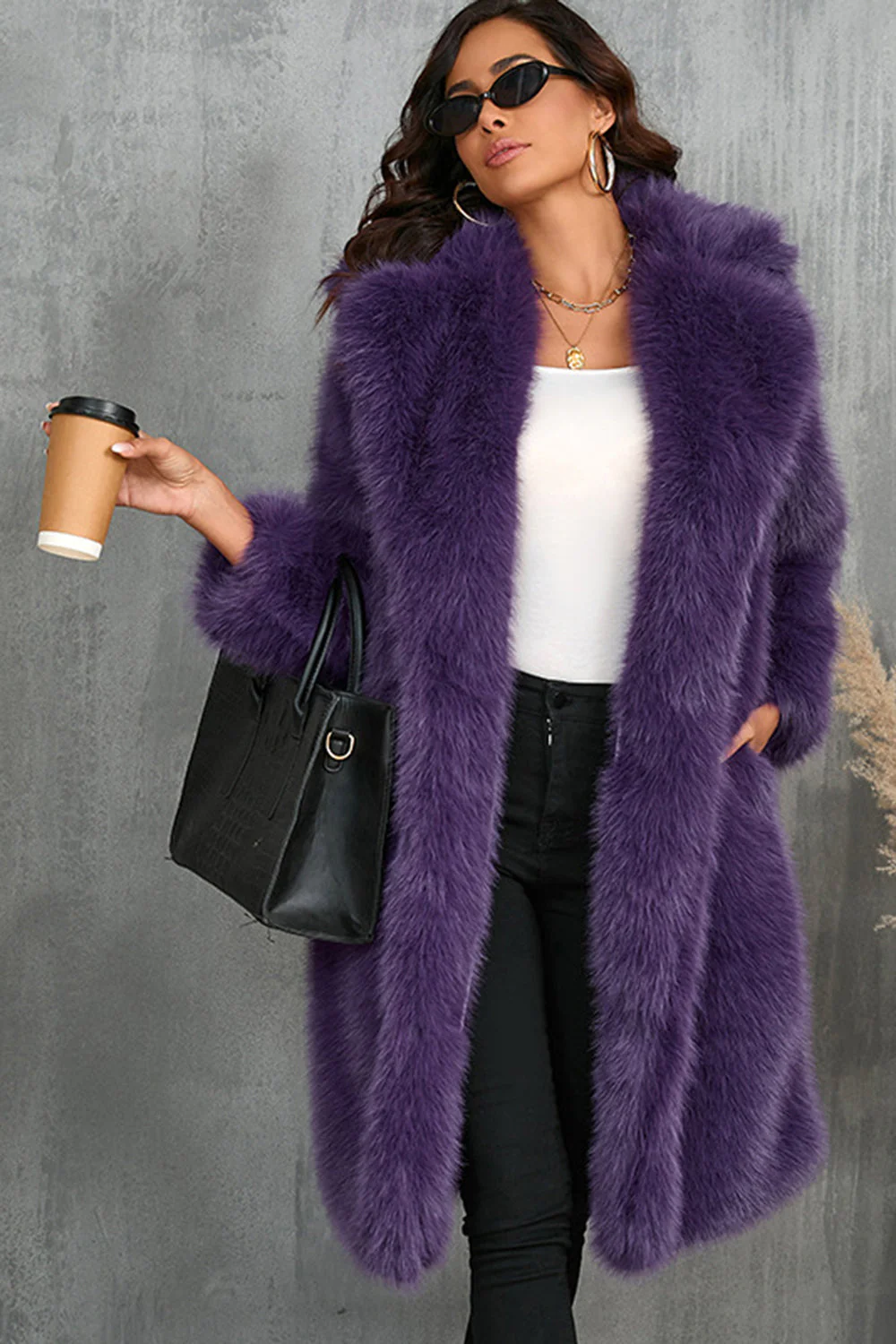 Camel  Notched Lapel Long Faux Fur Long Shaggy Women Coat - Image 10
