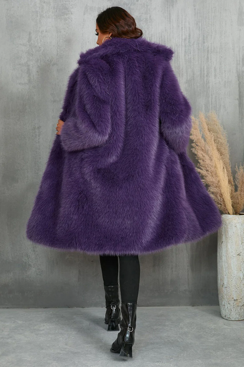 Camel  Notched Lapel Long Faux Fur Long Shaggy Women Coat - Image 11