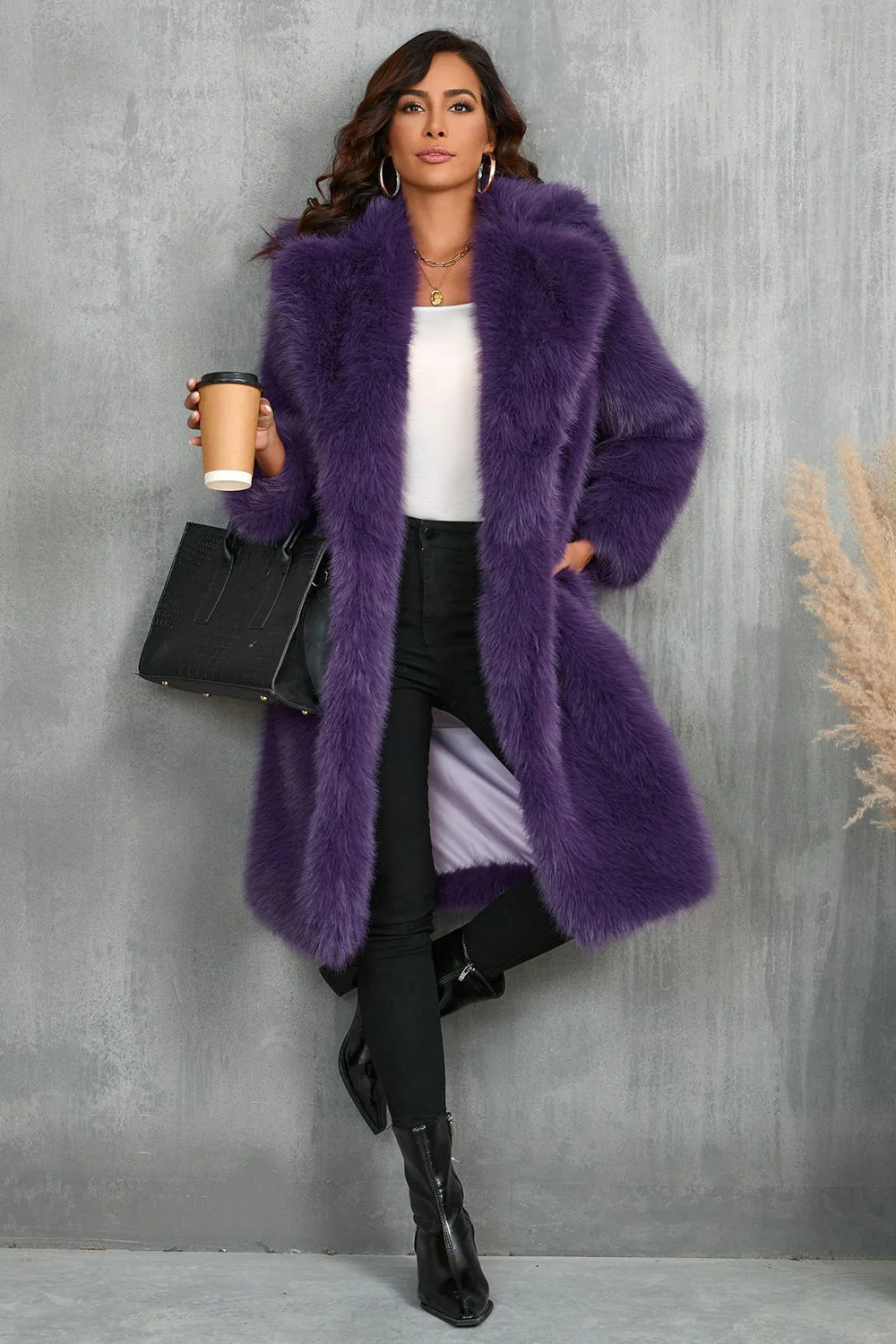 Camel  Notched Lapel Long Faux Fur Long Shaggy Women Coat - Image 12