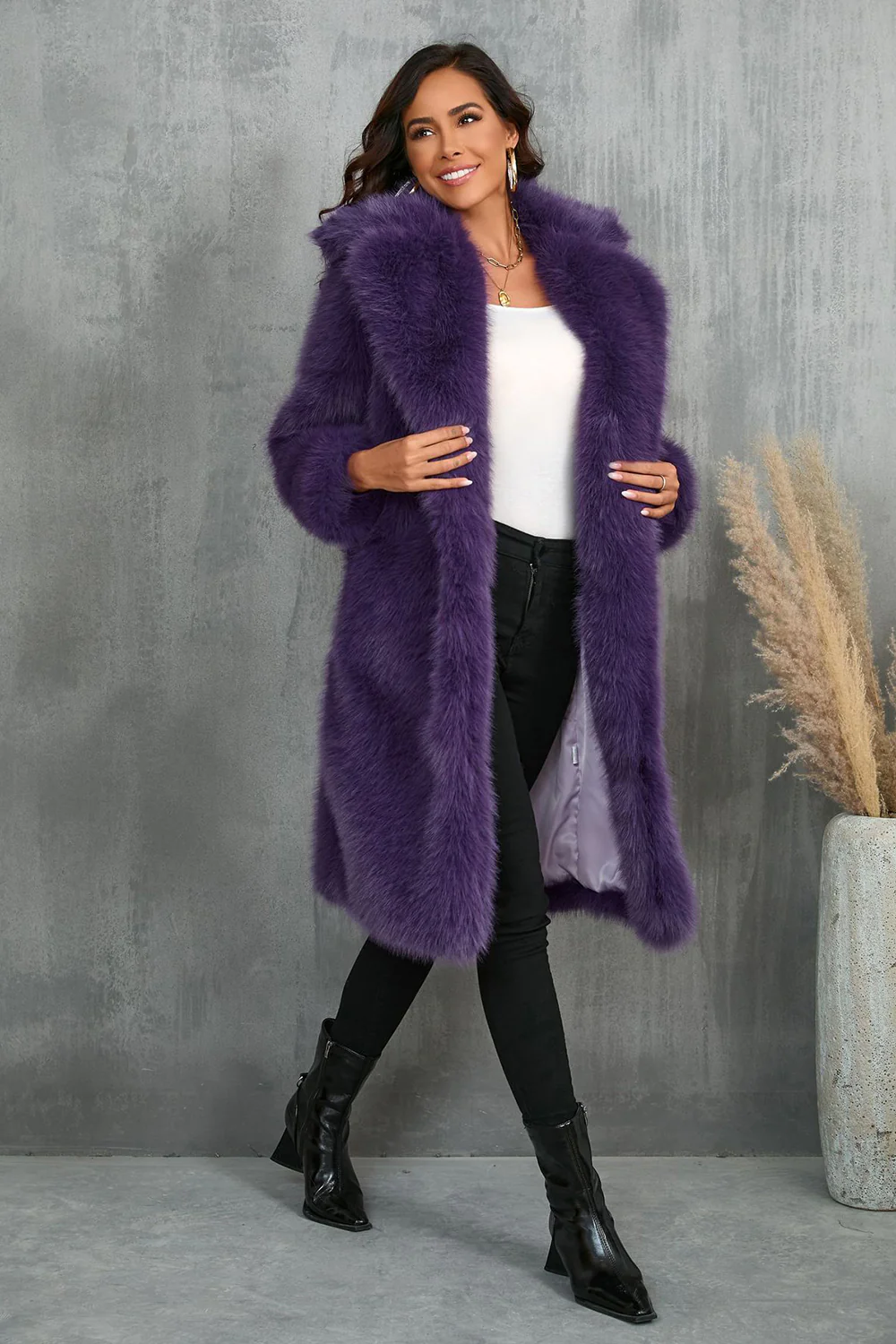 Camel  Notched Lapel Long Faux Fur Long Shaggy Women Coat - Image 13
