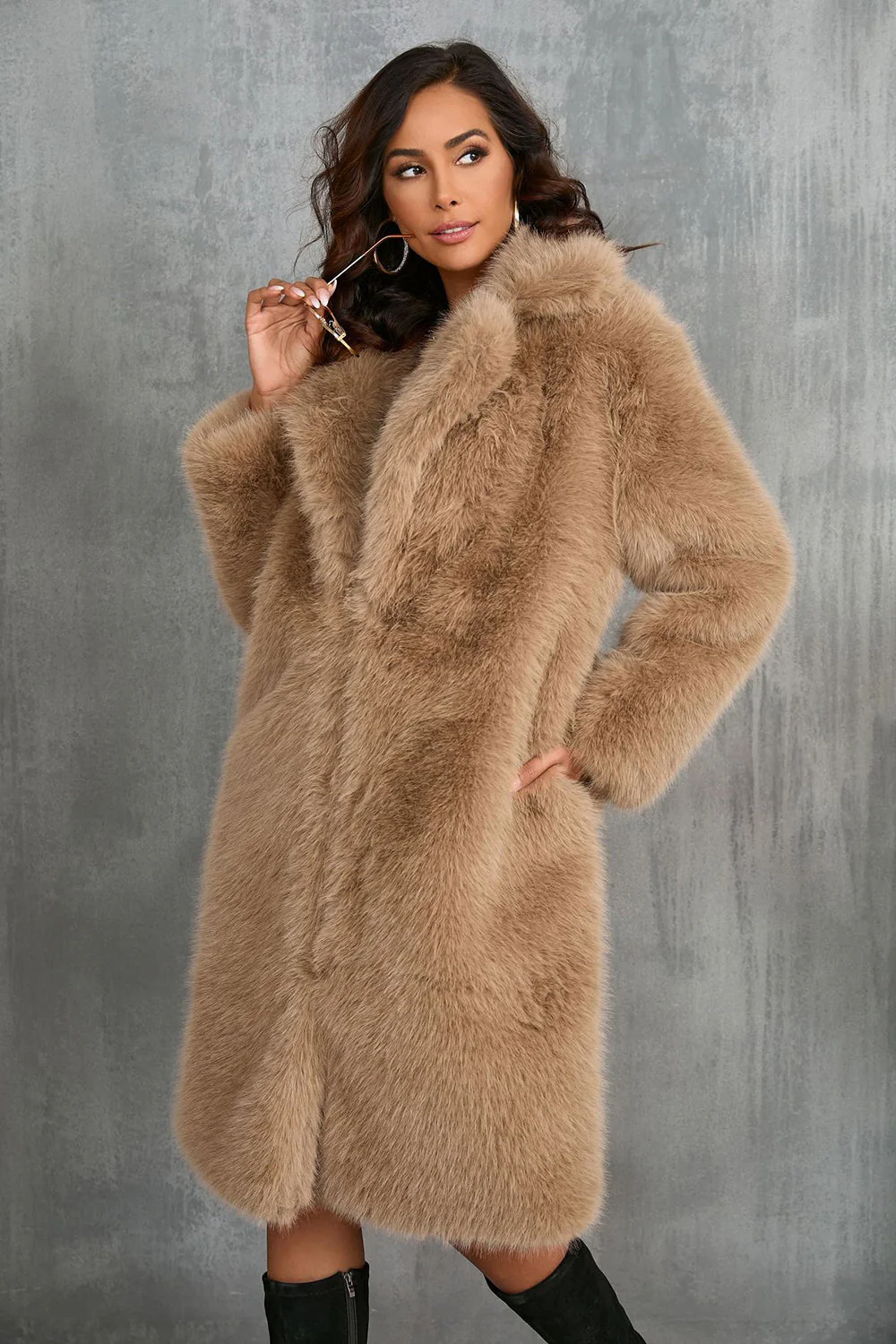 Camel  Notched Lapel Long Faux Fur Long Shaggy Women Coat - Image 4