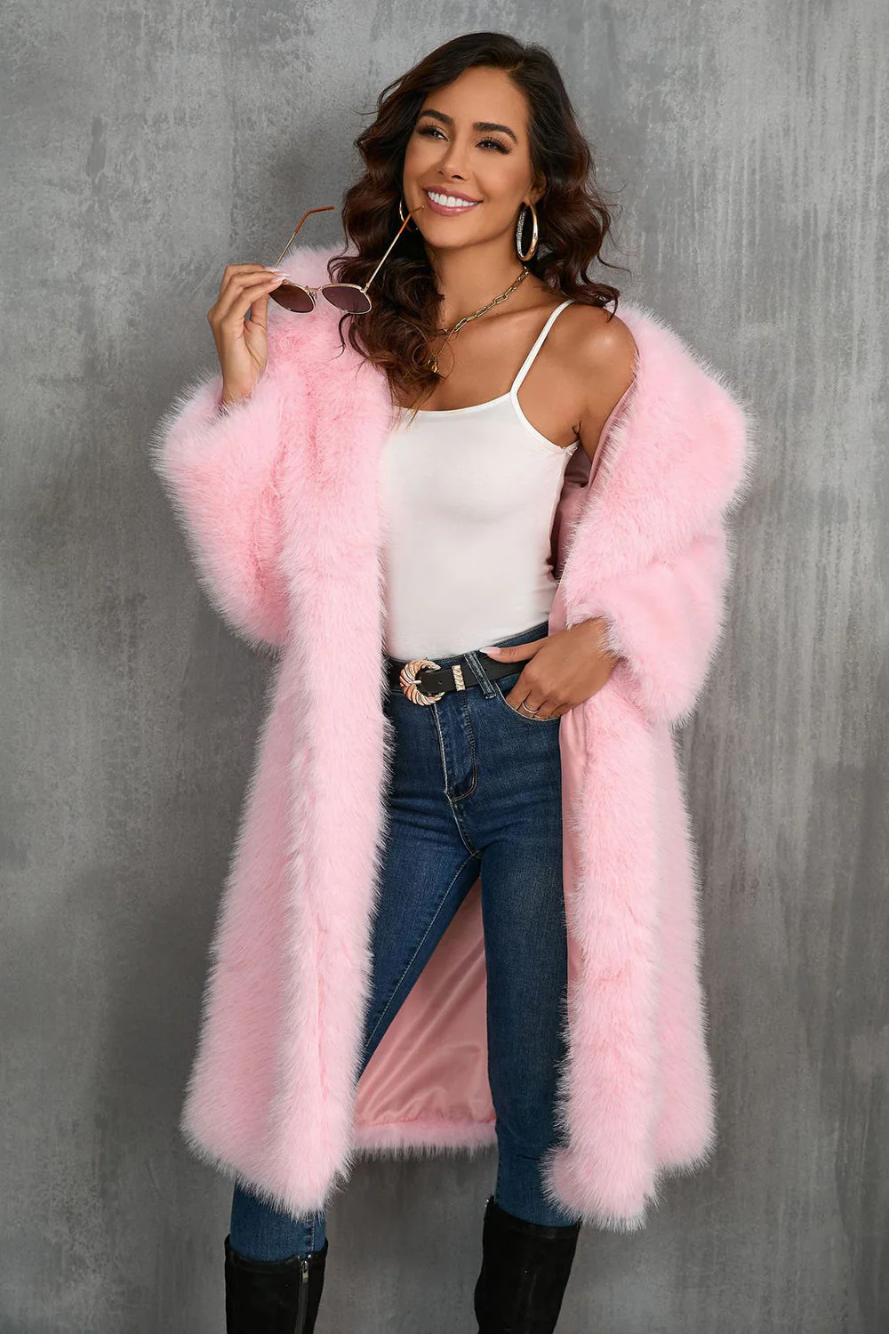 Camel  Notched Lapel Long Faux Fur Long Shaggy Women Coat - Image 5