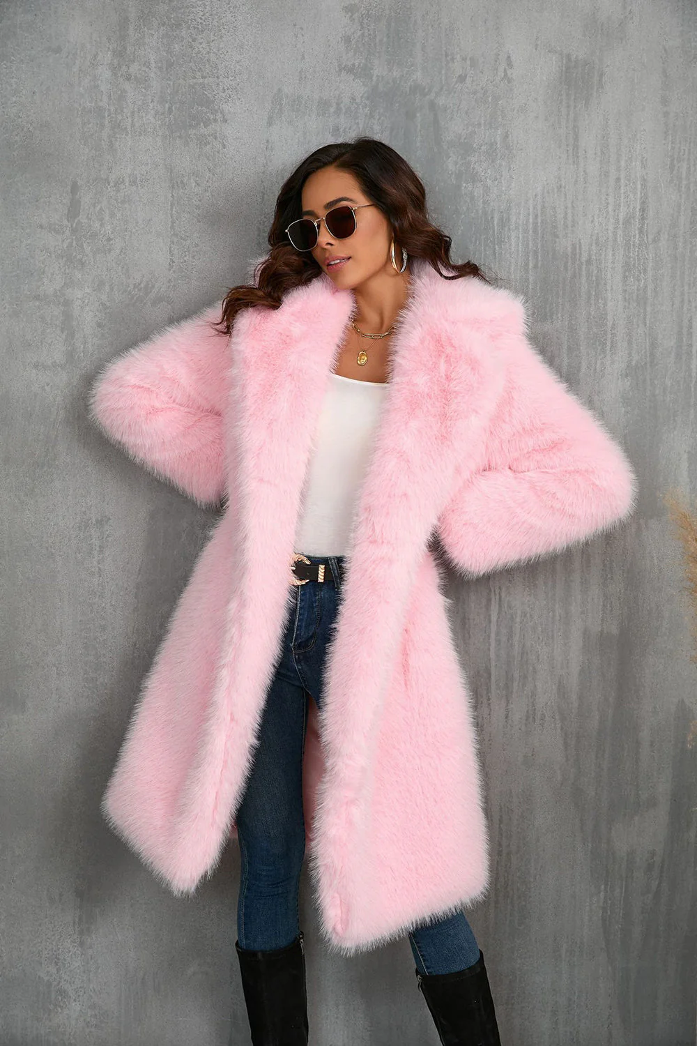 Camel  Notched Lapel Long Faux Fur Long Shaggy Women Coat - Image 6