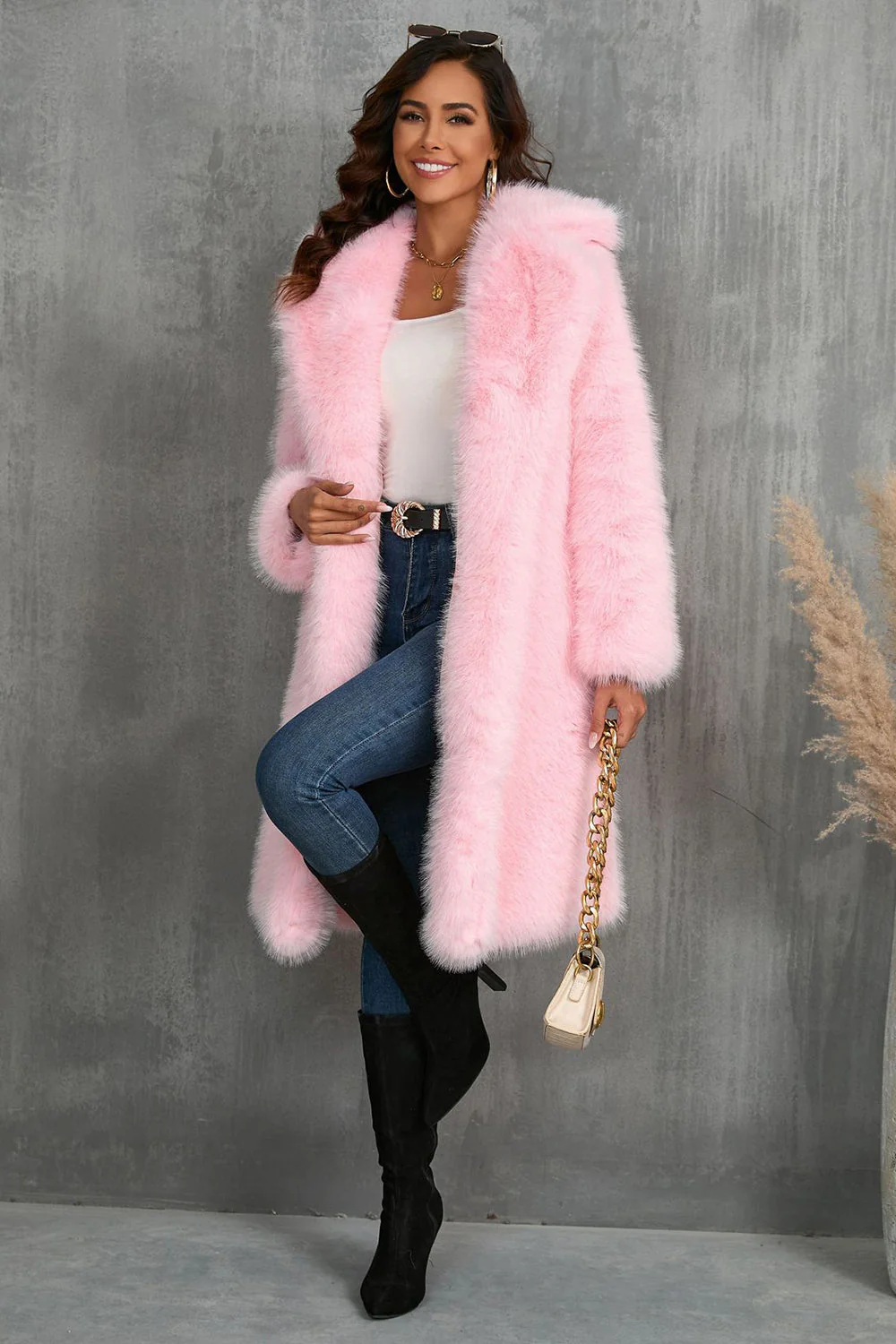 Camel  Notched Lapel Long Faux Fur Long Shaggy Women Coat - Image 7