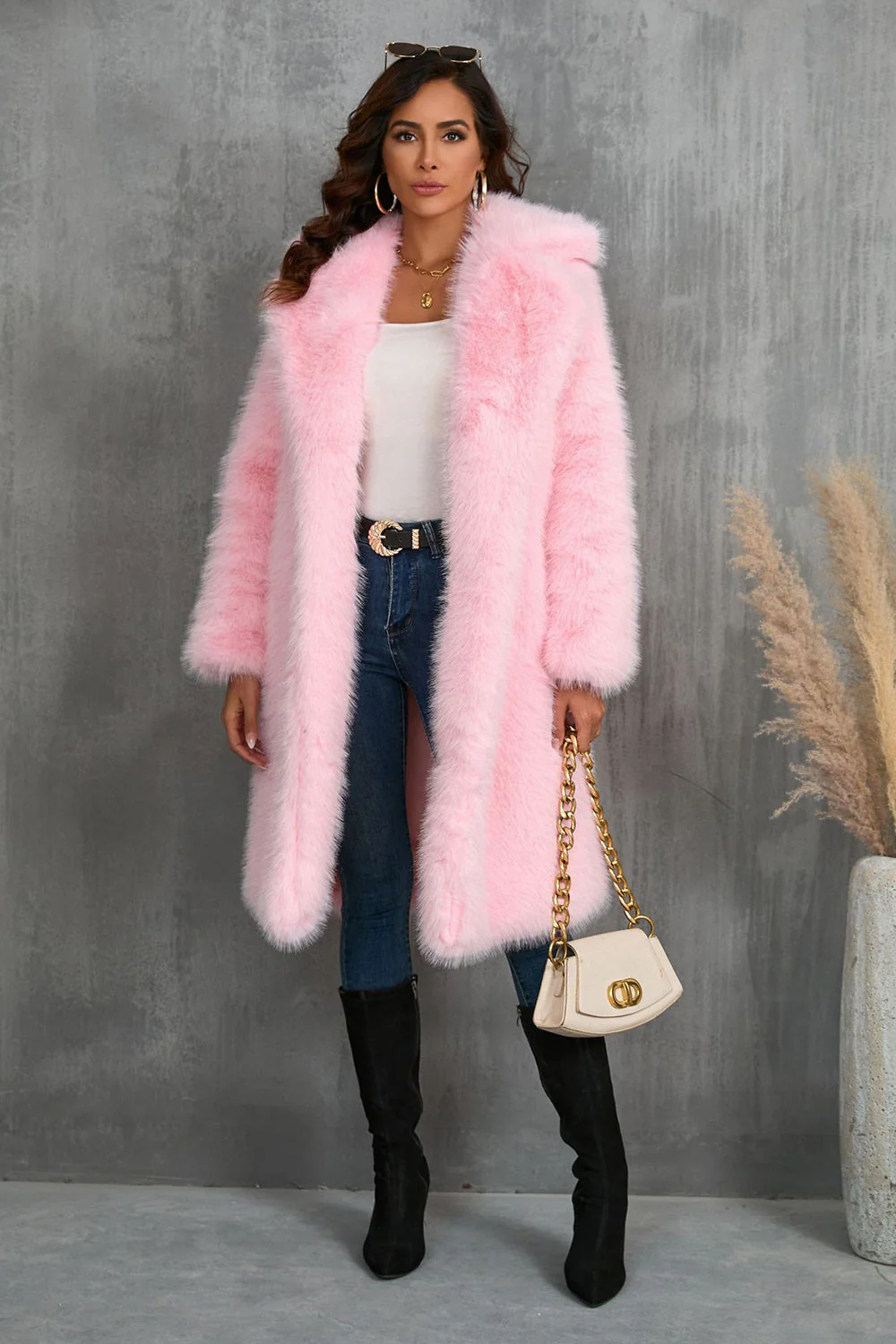 Camel  Notched Lapel Long Faux Fur Long Shaggy Women Coat - Image 8