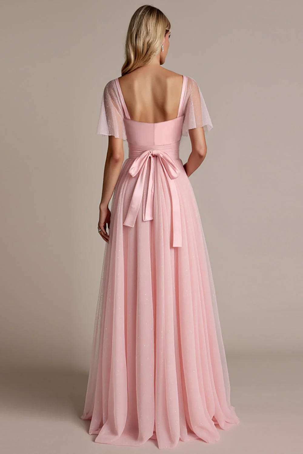 Candy Pink A Line Bridesmaid Dress with Short Sleeves - Image 2