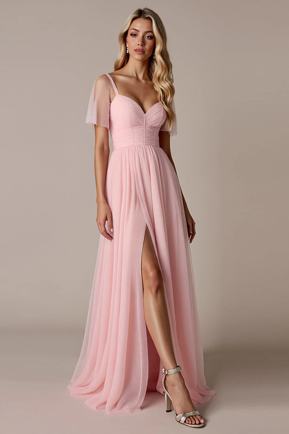 Candy Pink A Line Bridesmaid Dress with Short Sleeves - Image 3