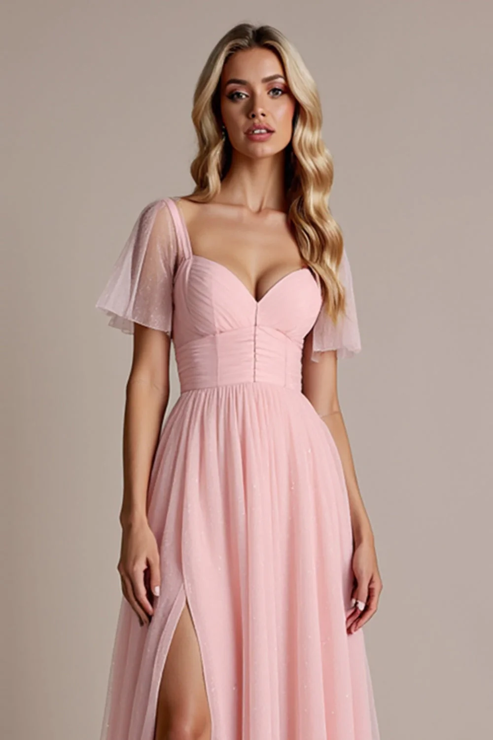 Candy Pink A Line Bridesmaid Dress with Short Sleeves - Image 4