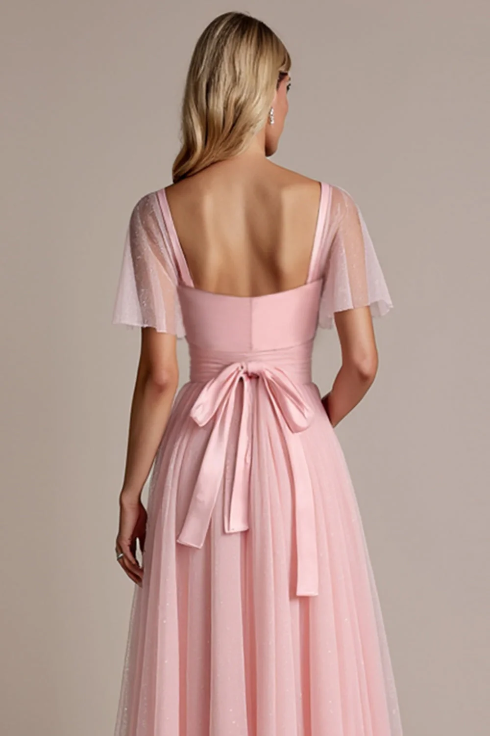 Candy Pink A Line Bridesmaid Dress with Short Sleeves - Image 5
