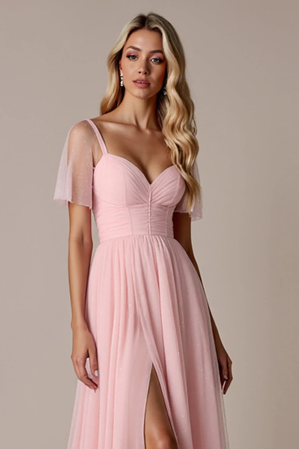 Candy Pink A Line Bridesmaid Dress with Short Sleeves - Image 6