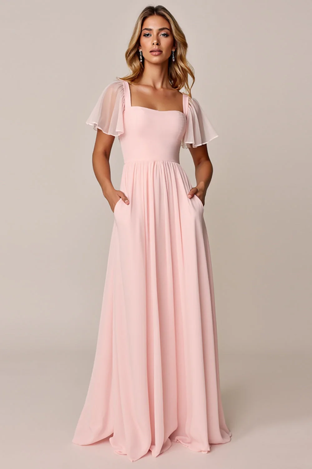 Candy Pink A Line Square Neck Chiffon Bridesmaid Dress - Image 3