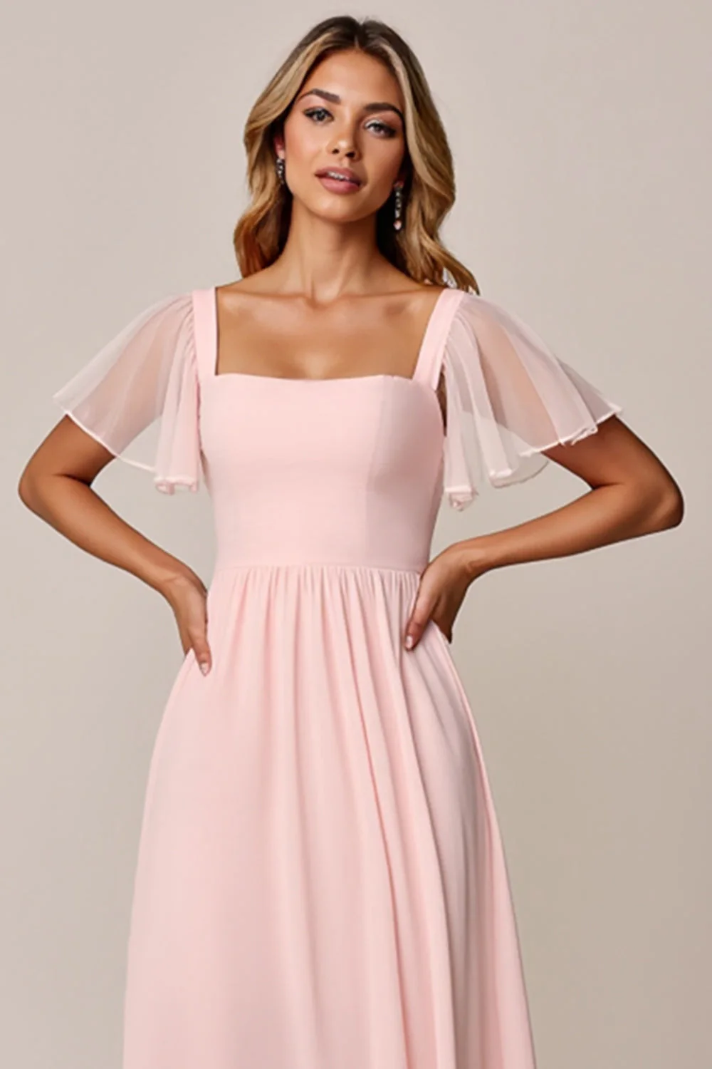 Candy Pink A Line Square Neck Chiffon Bridesmaid Dress - Image 4