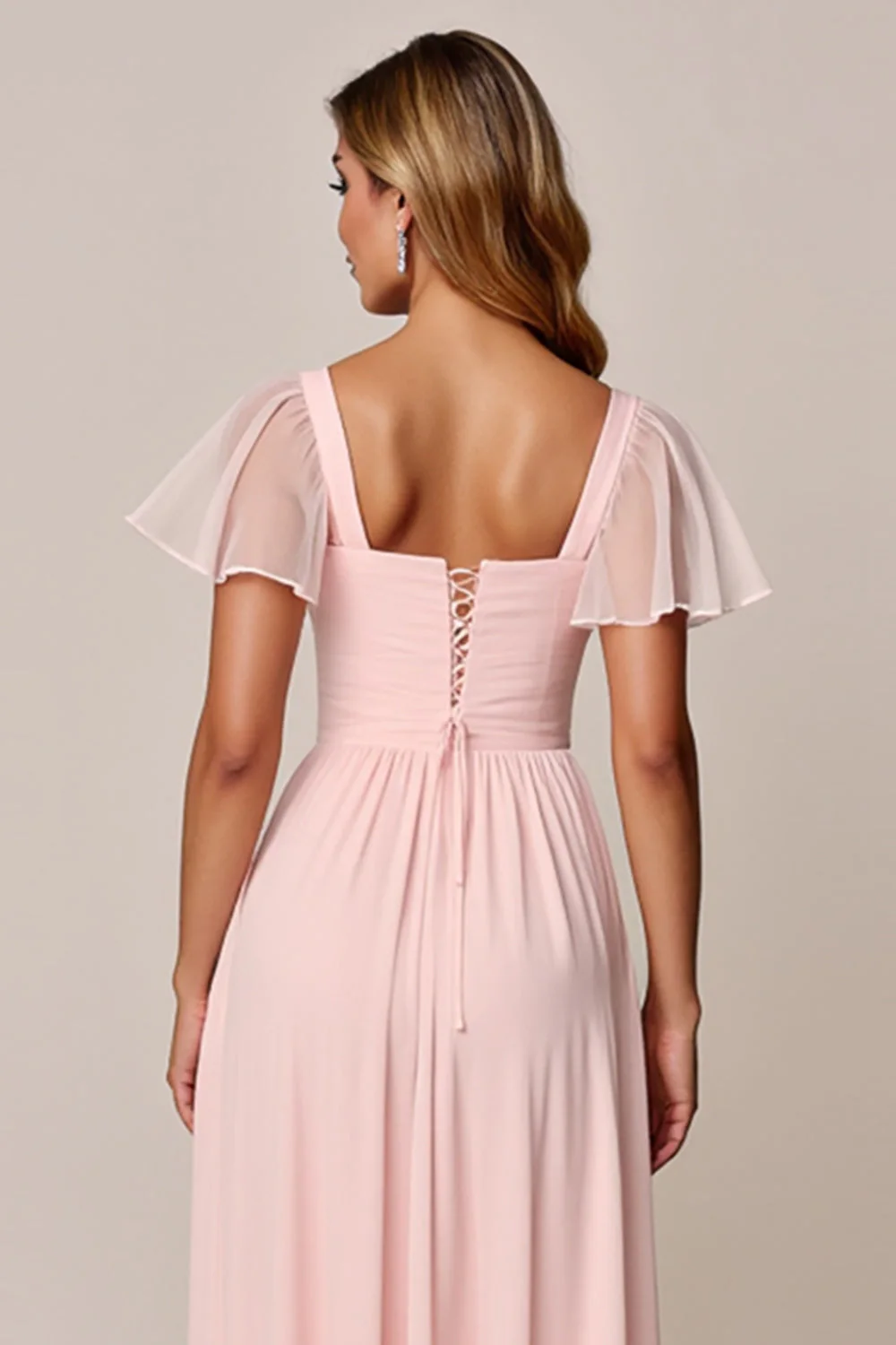 Candy Pink A Line Square Neck Chiffon Bridesmaid Dress - Image 5