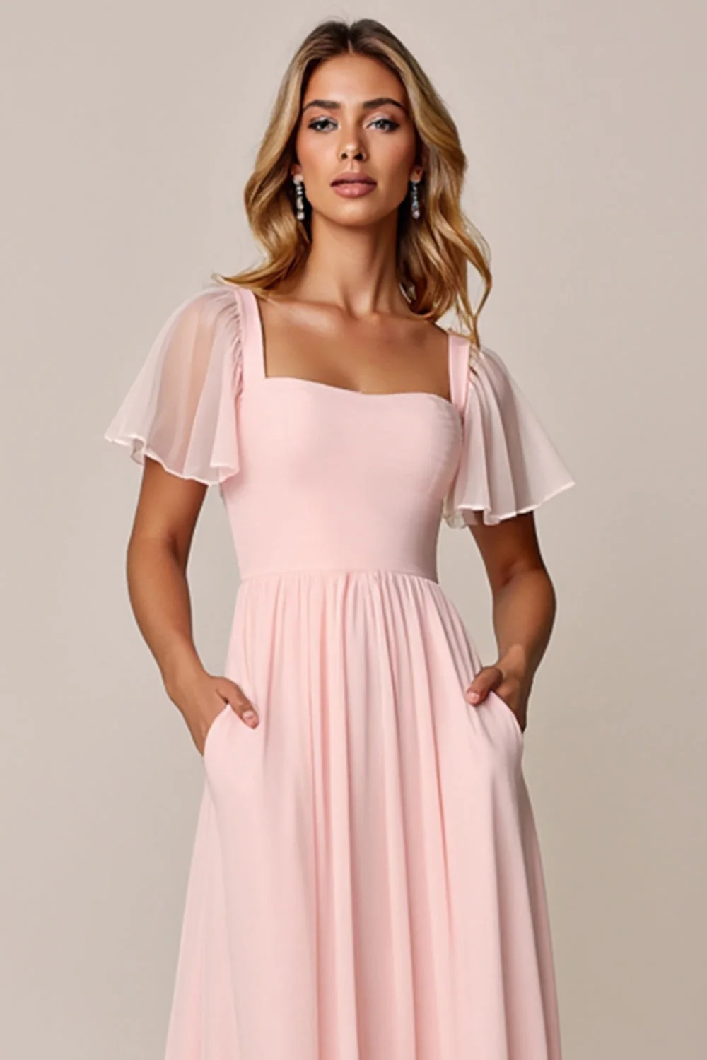 Candy Pink A Line Square Neck Chiffon Bridesmaid Dress - Image 6