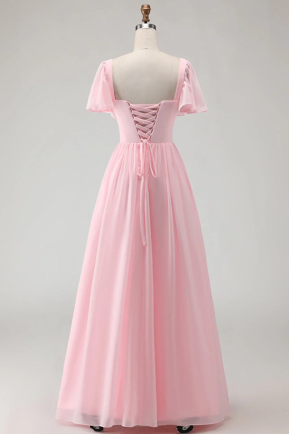Candy Pink A Line Square Neck Chiffon Long Bridesmaid Dress - Image 2