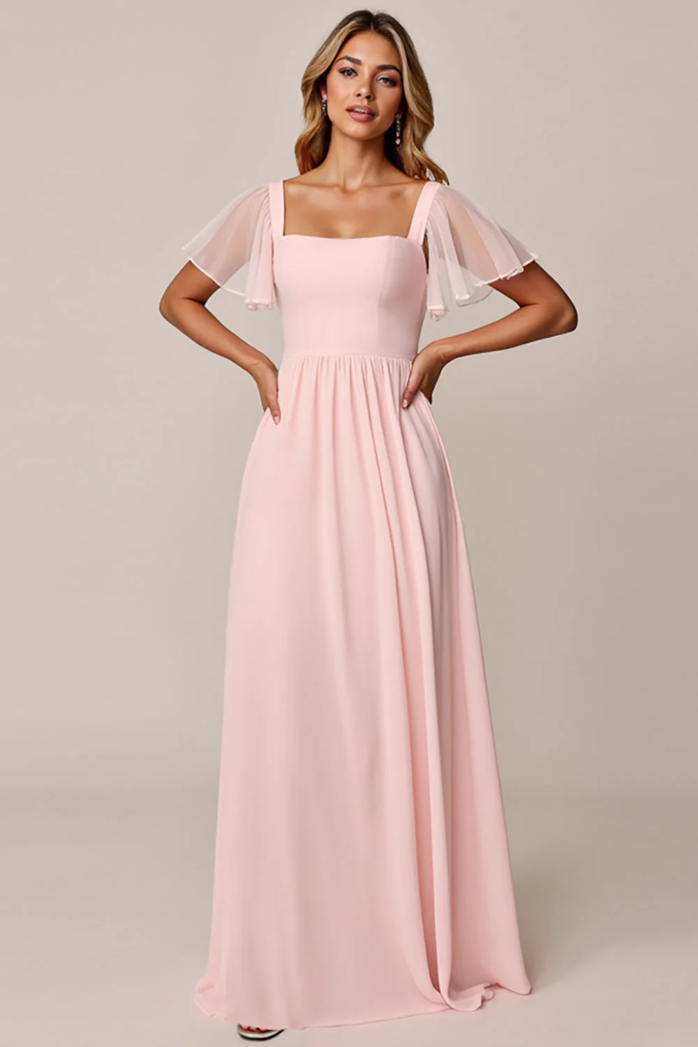 Candy Pink A Line Square Neck Chiffon Long Bridesmaid Dress - Image 3