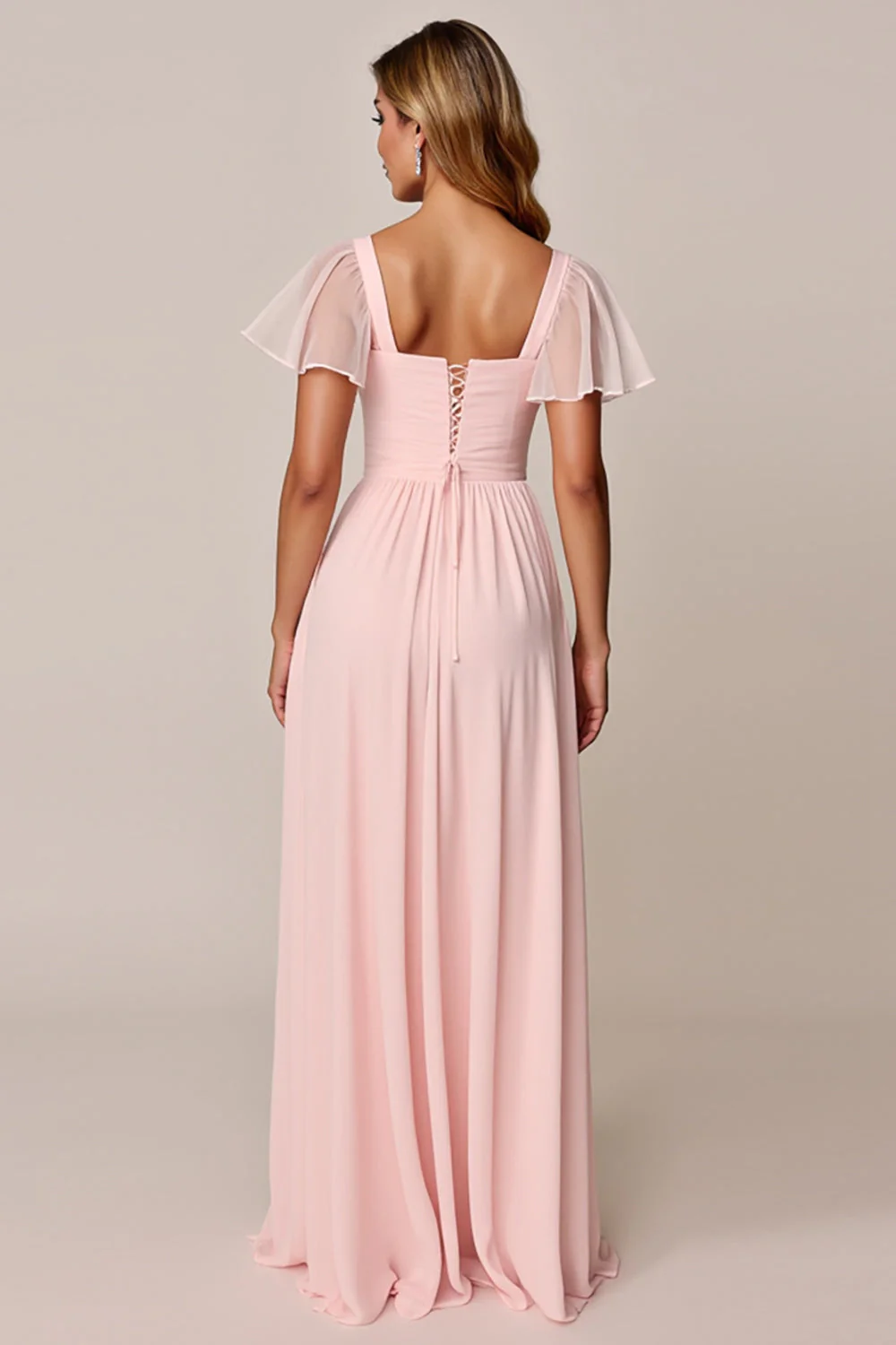 Candy Pink A Line Square Neck Chiffon Long Bridesmaid Dress - Image 4
