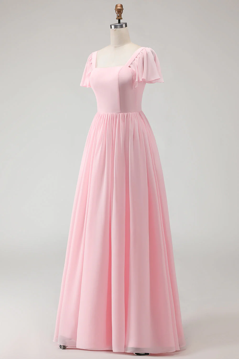 Candy Pink A Line Square Neck Chiffon Long Bridesmaid Dress - Image 5