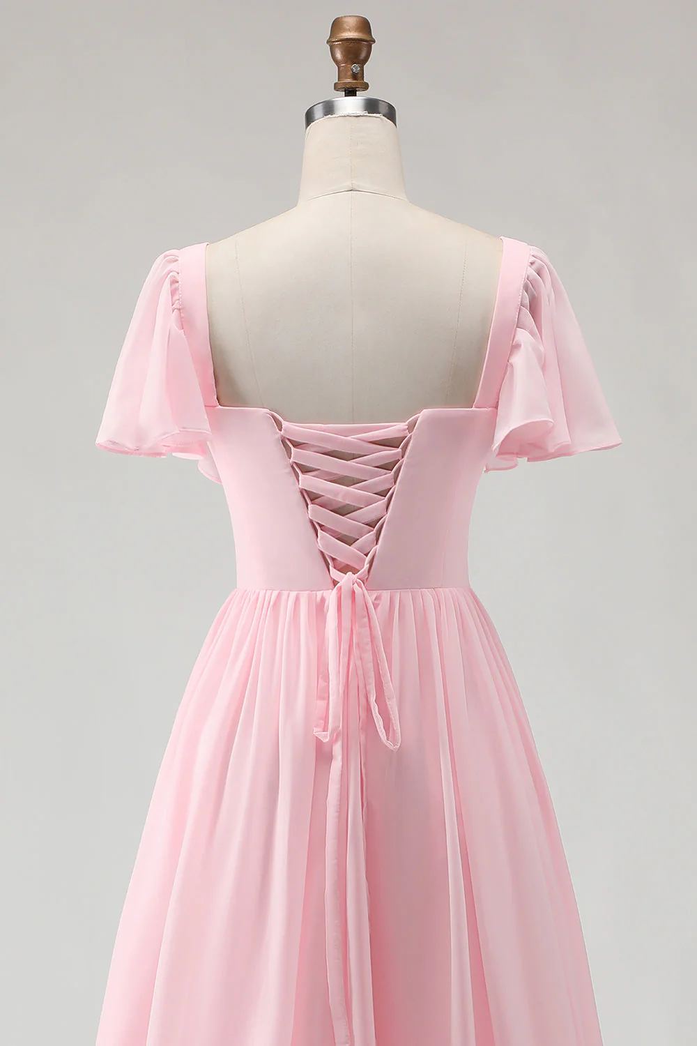 Candy Pink A Line Square Neck Chiffon Long Bridesmaid Dress - Image 7