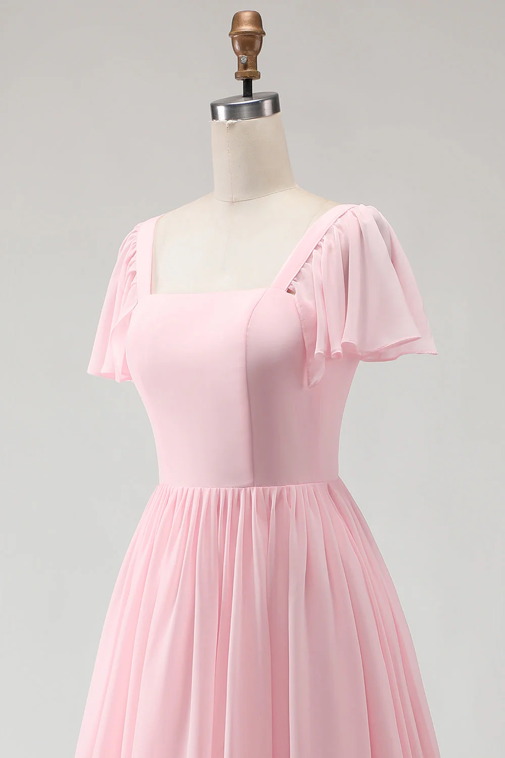 Candy Pink A Line Square Neck Chiffon Long Bridesmaid Dress - Image 8