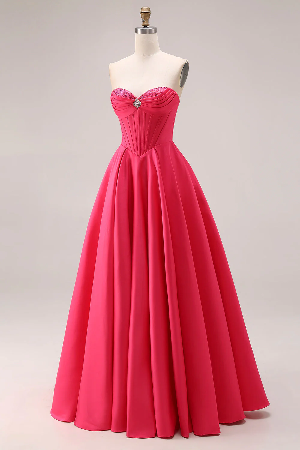 Candy Pink Sweetheart A-Line Corset Ruched Long Prom Dress - Image 3