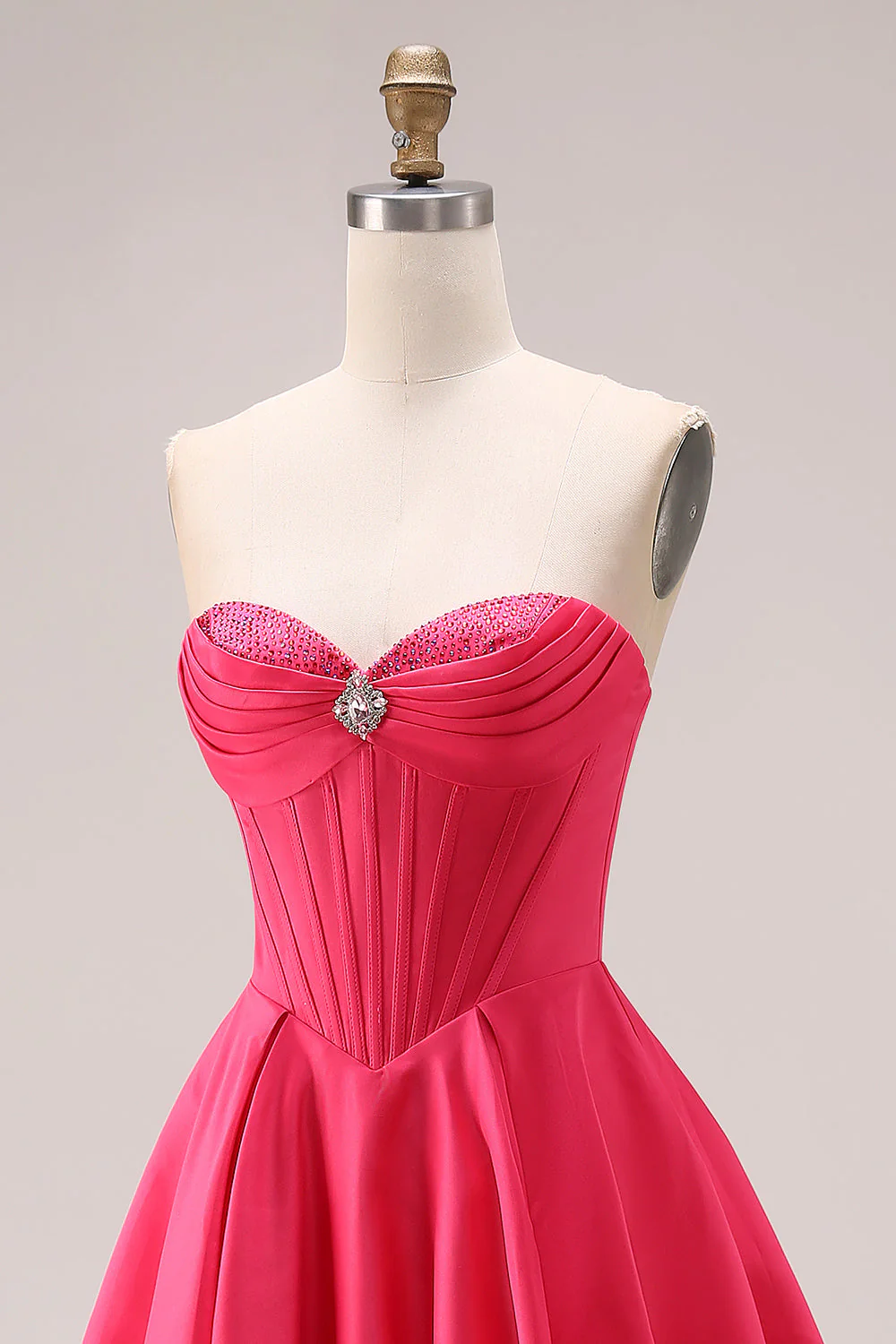 Candy Pink Sweetheart A-Line Corset Ruched Long Prom Dress - Image 6