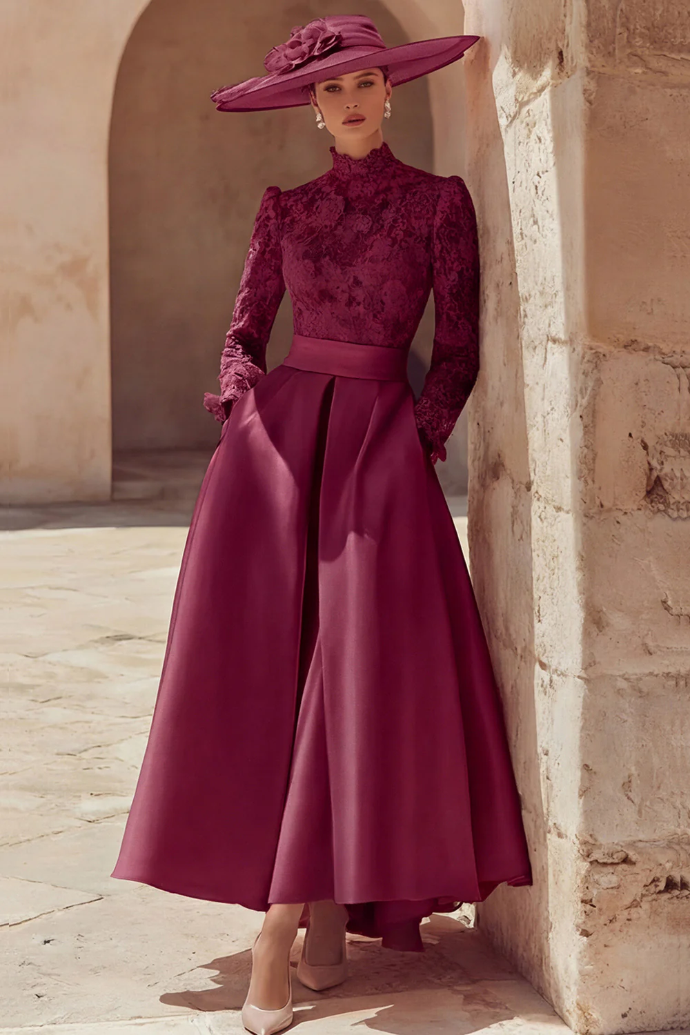 Candy Pink High Neck A Line Long Mother of the Bride Dress with Lace - Image 10