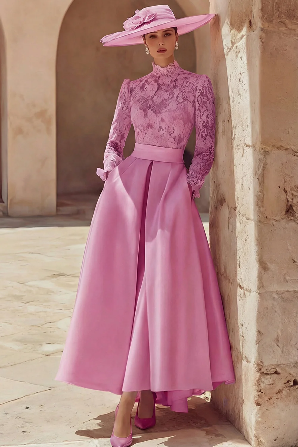 Candy Pink High Neck A Line Long Mother of the Bride Dress with Lace - Image 14