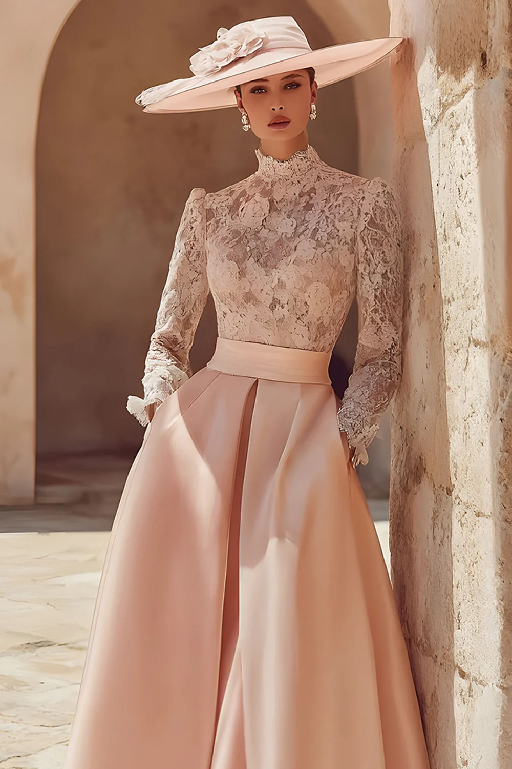 Candy Pink High Neck A Line Long Mother of the Bride Dress with Lace - Image 3
